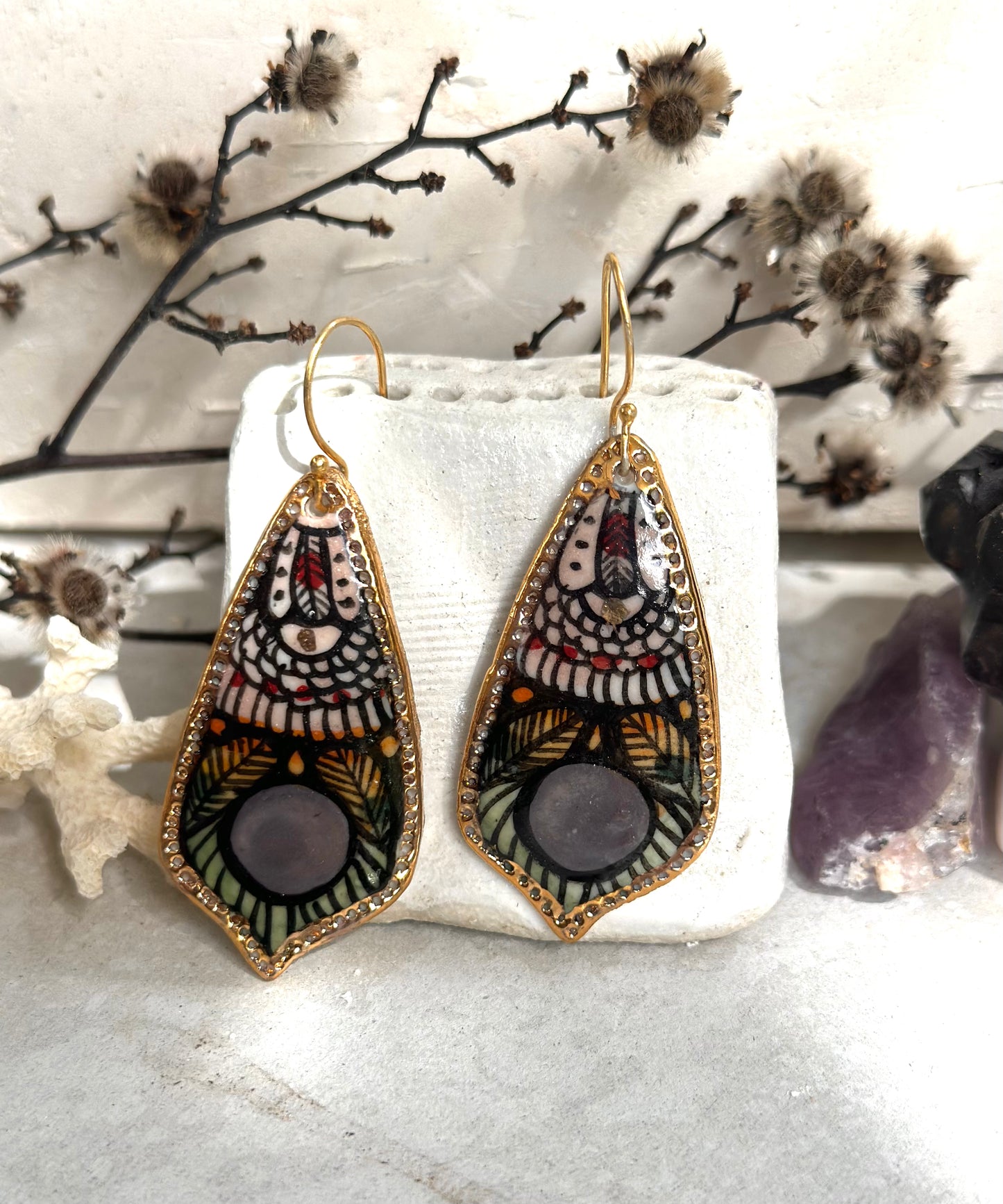 Hand Painted Porcelain Earrings Purple with Gold