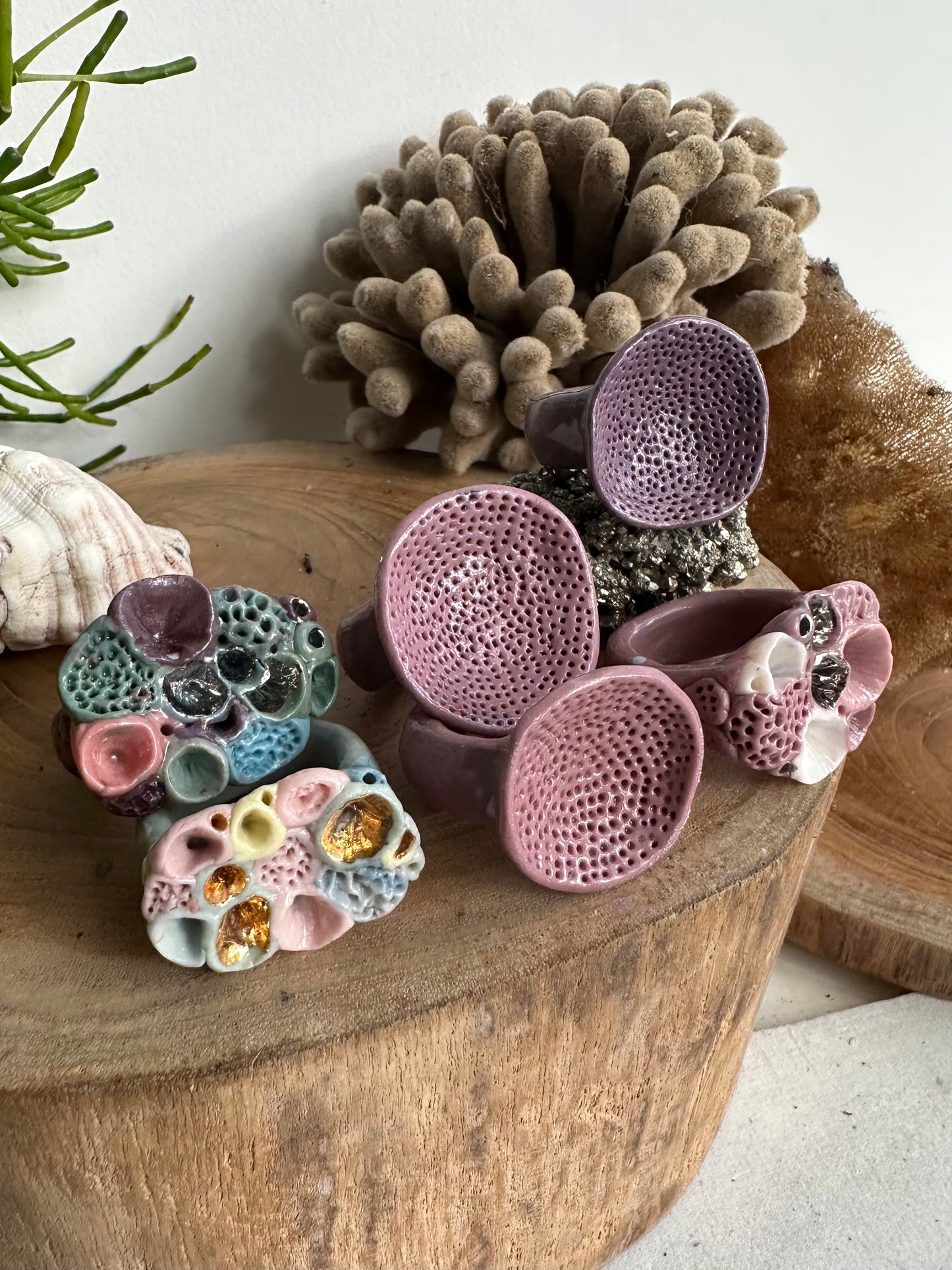 Handmade porcelain ‘rock coral’ rings, purples/ pinks