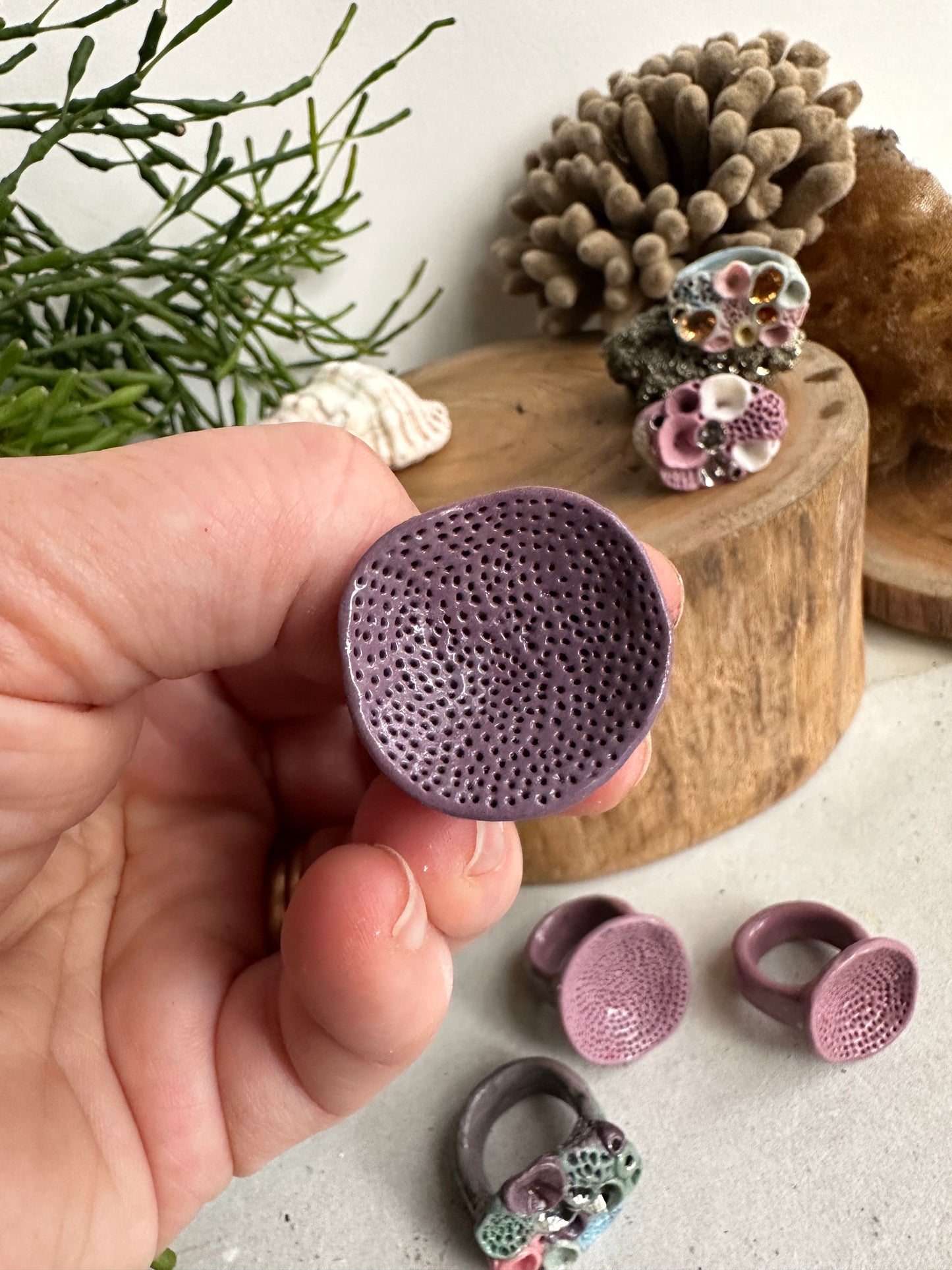 Handmade porcelain ‘rock coral’ rings, purples/ pinks