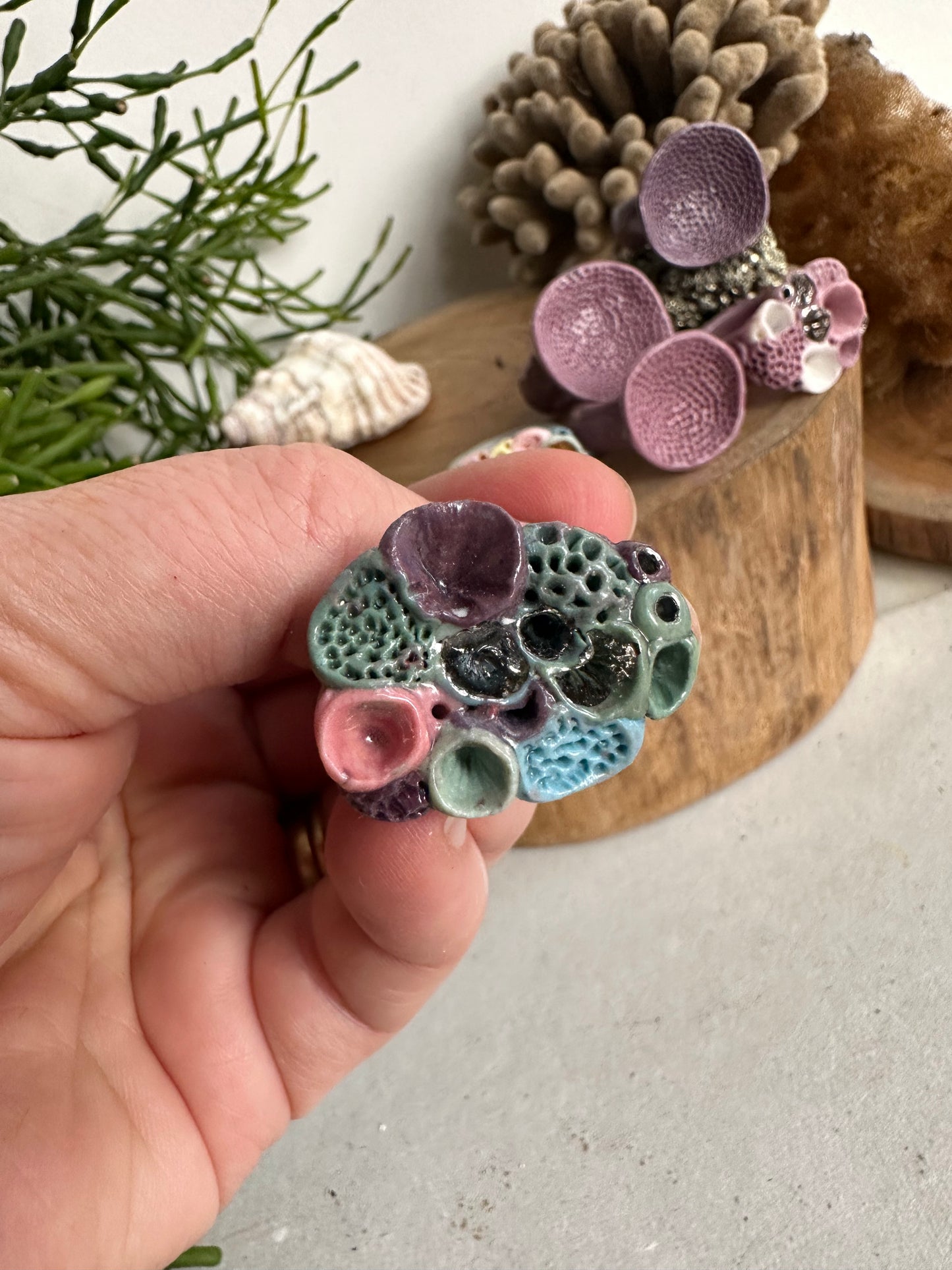 Handmade porcelain ‘rock coral’ rings, purples/ pinks