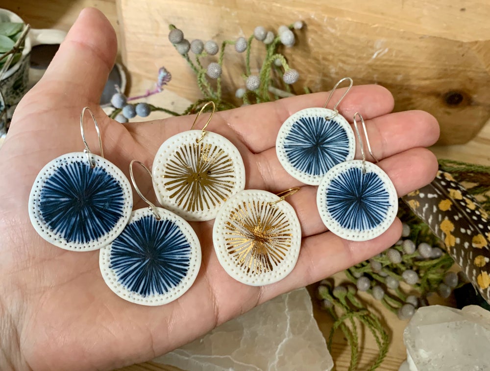 Hand painted porcelain earrings with blue or gold lustre ‘Star’ design, choose a pair
