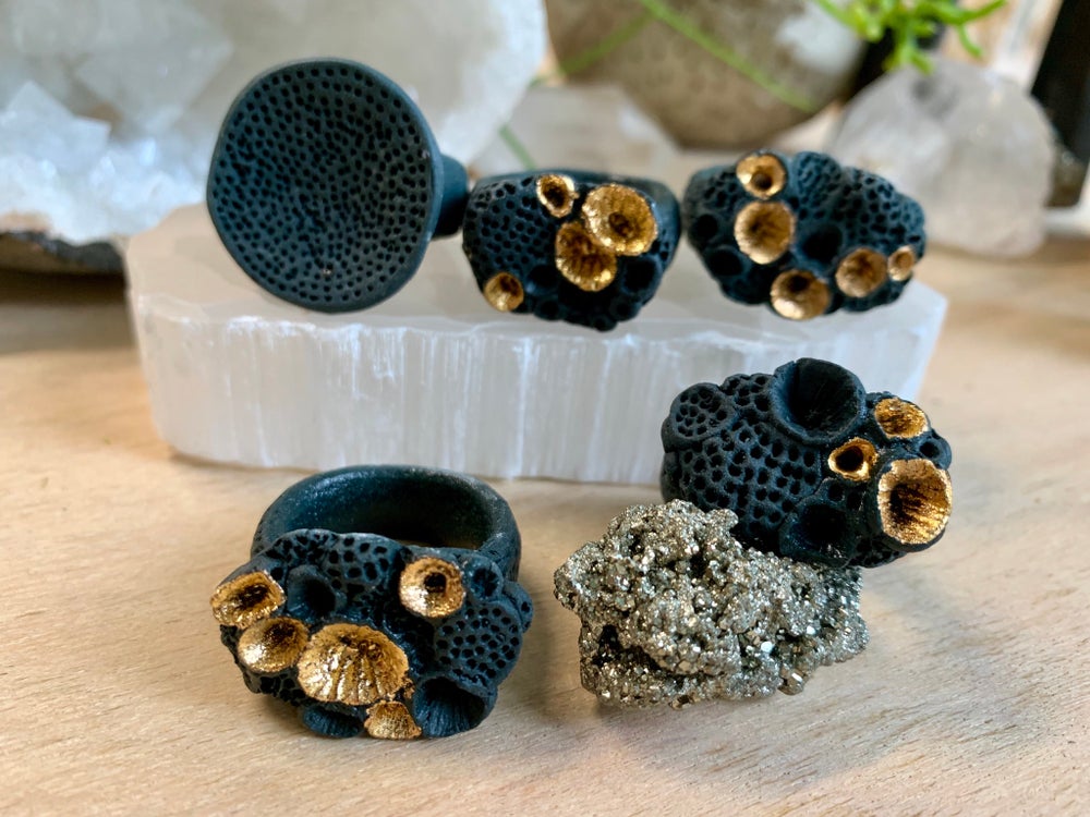 Black porcelain + gold lustre ‘rock coral’ ring, choose a size