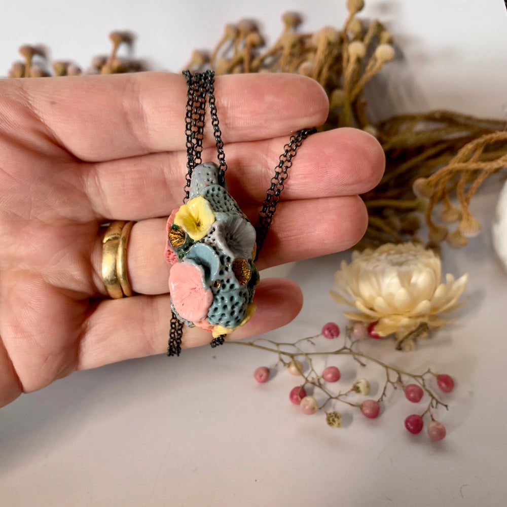 Coloured ‘rock coral’ porcelain pod pendant on oxidised sterling silver chain