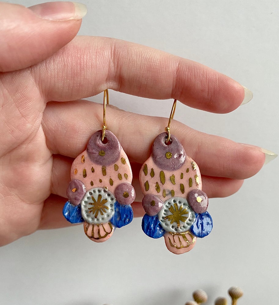 Hand Painted Purple, Pink, Blue and Gold Porcelain Earrings