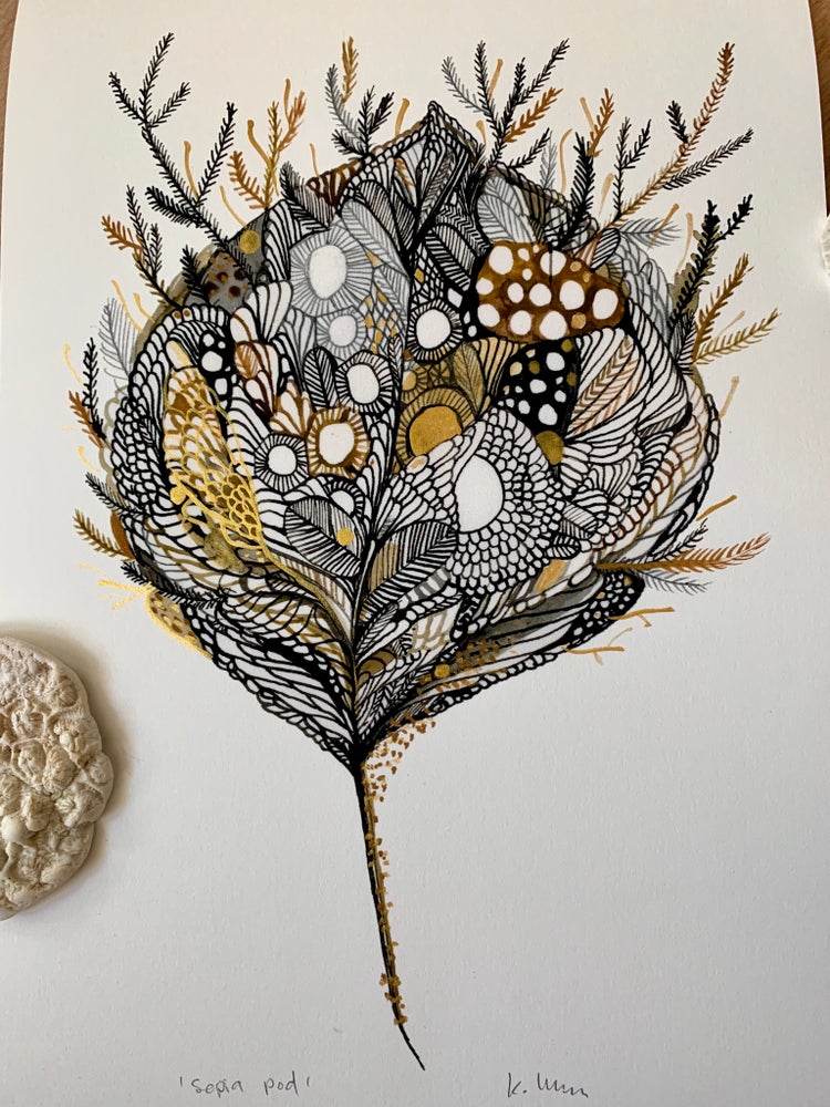 ‘Sepia pod’ giclee print with hand applied gold ink details