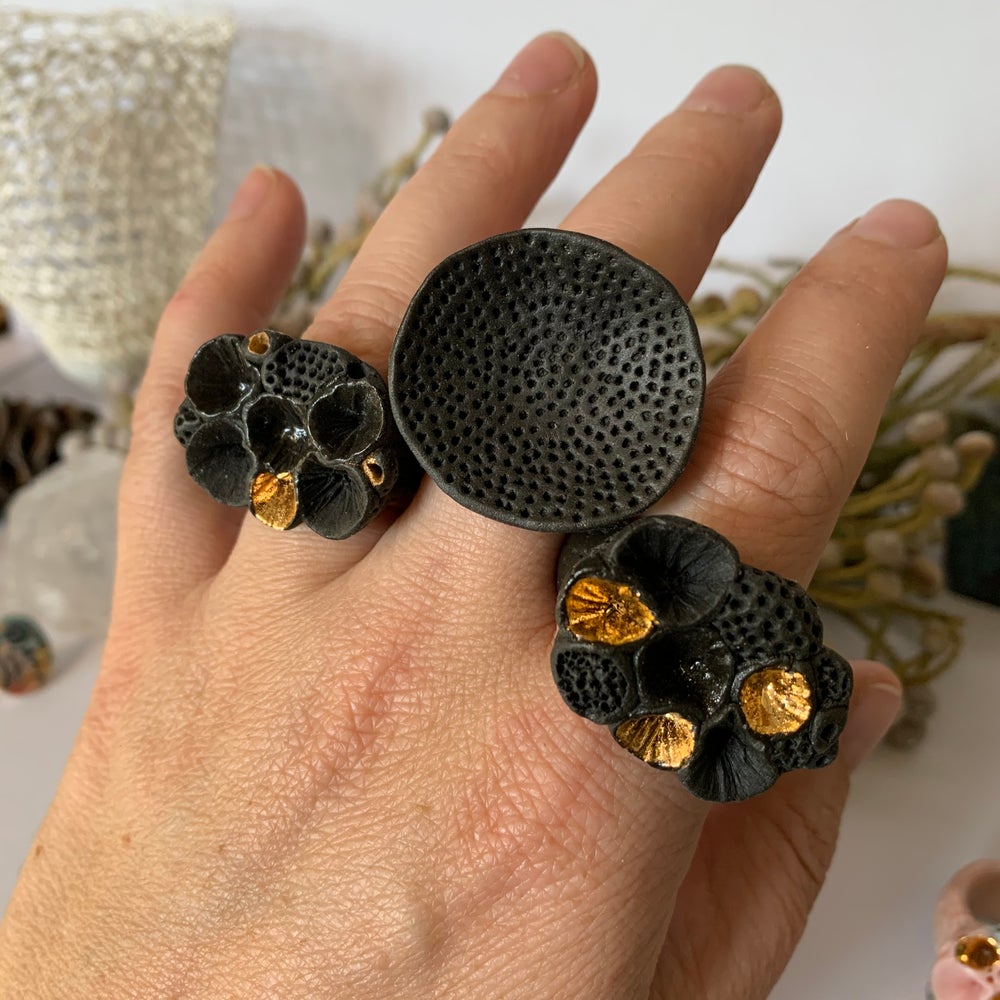 Black porcelain ‘rock coral’ rings (x large sizes)