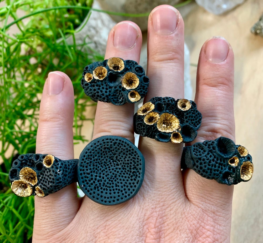 Black porcelain + gold lustre ‘rock coral’ ring, choose a size