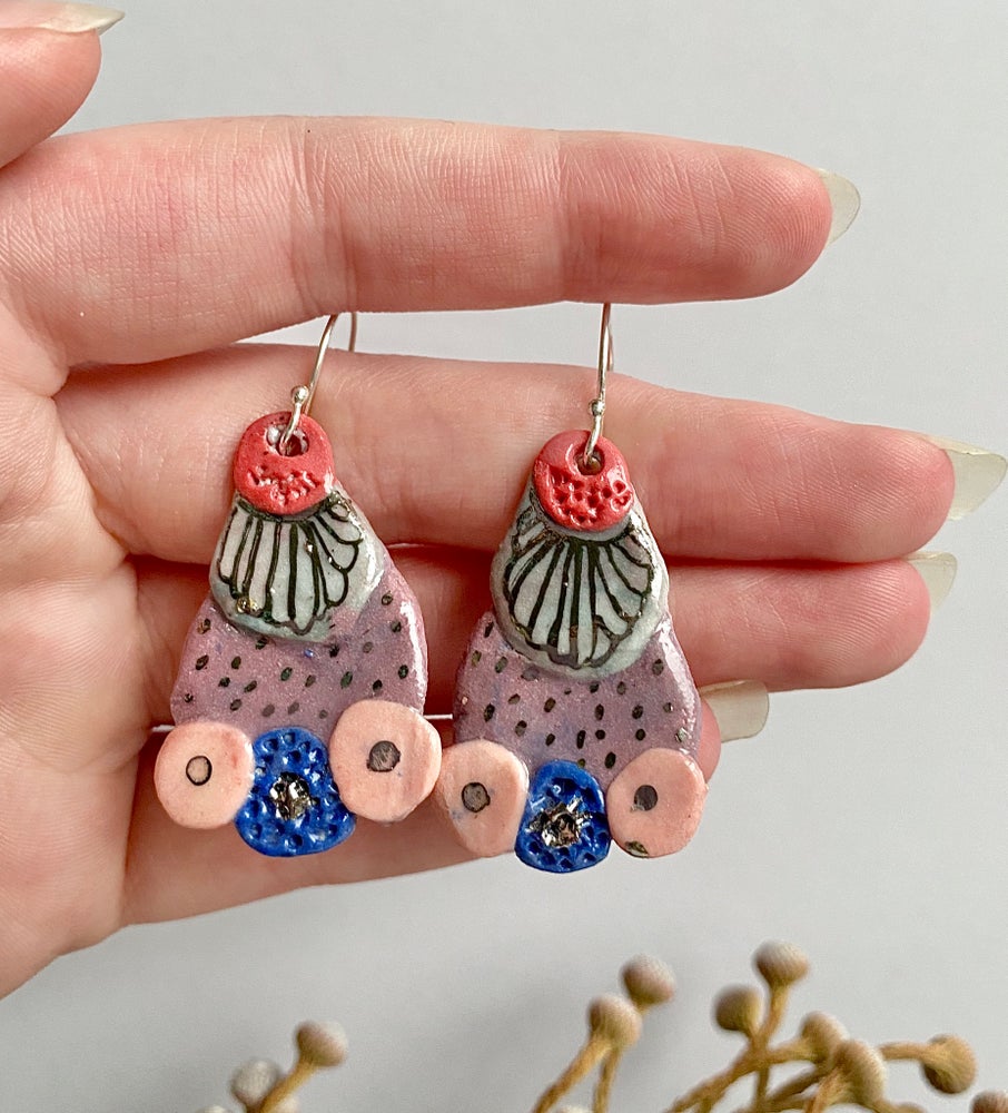 Hand Painted Pink, Blue, Purple and Gold Porcelain Earrings