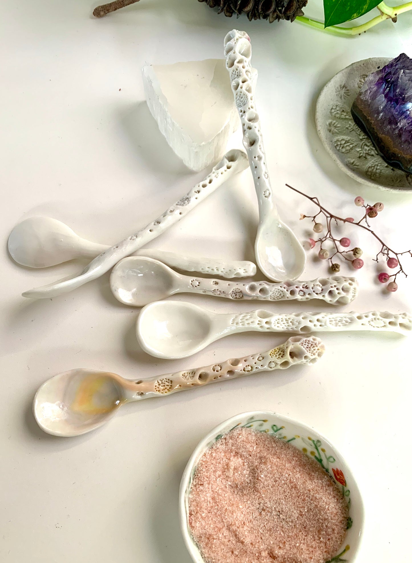 One Porcelain hand formed ‘coral’ spoon