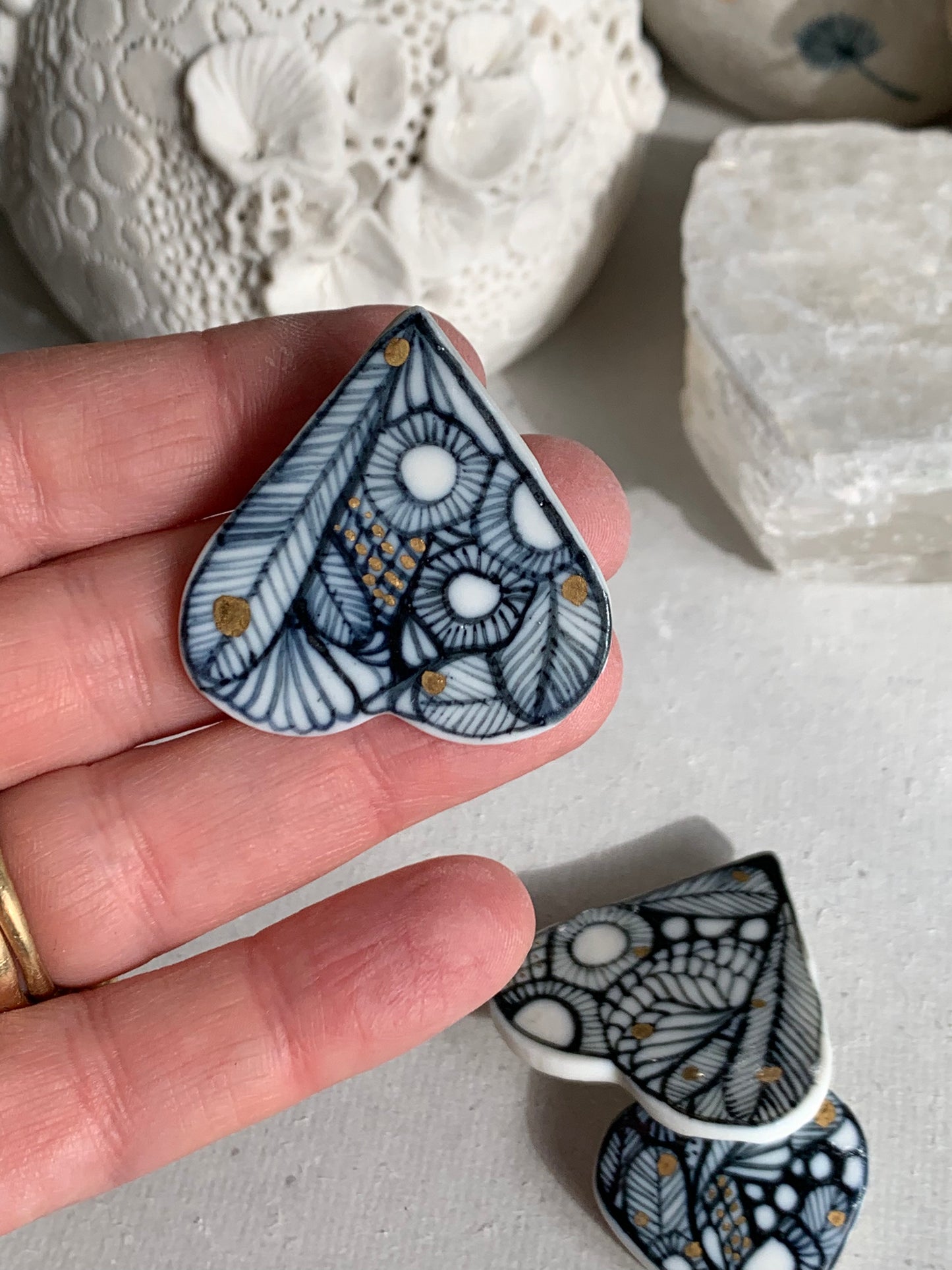 Indigo and white hand painted brooch, choose one