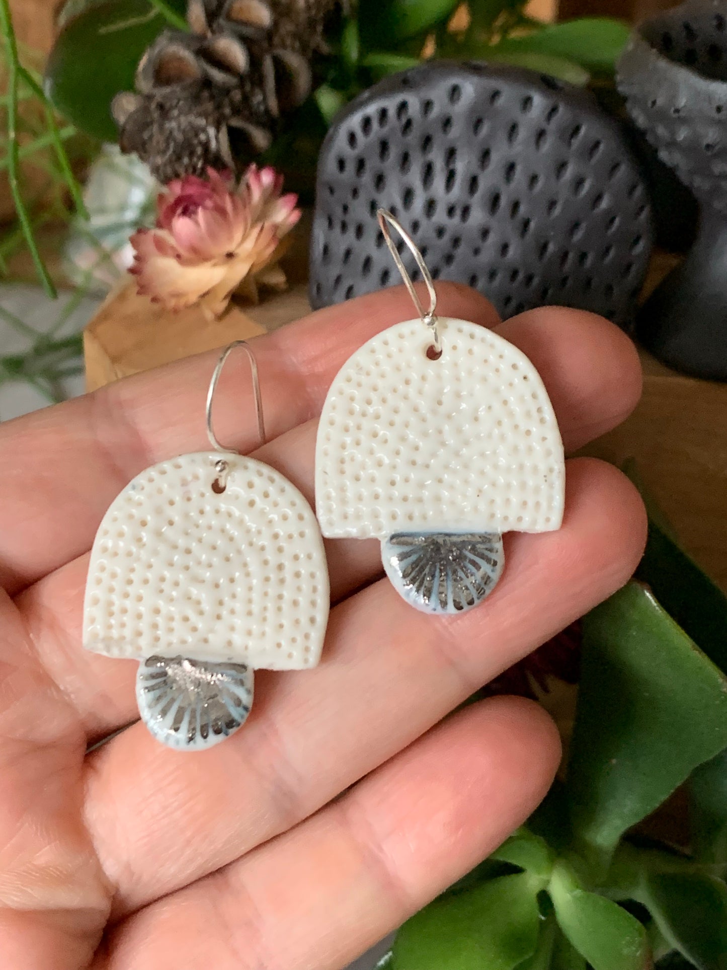 ‘Coral dot’ with silver porcelain earrings