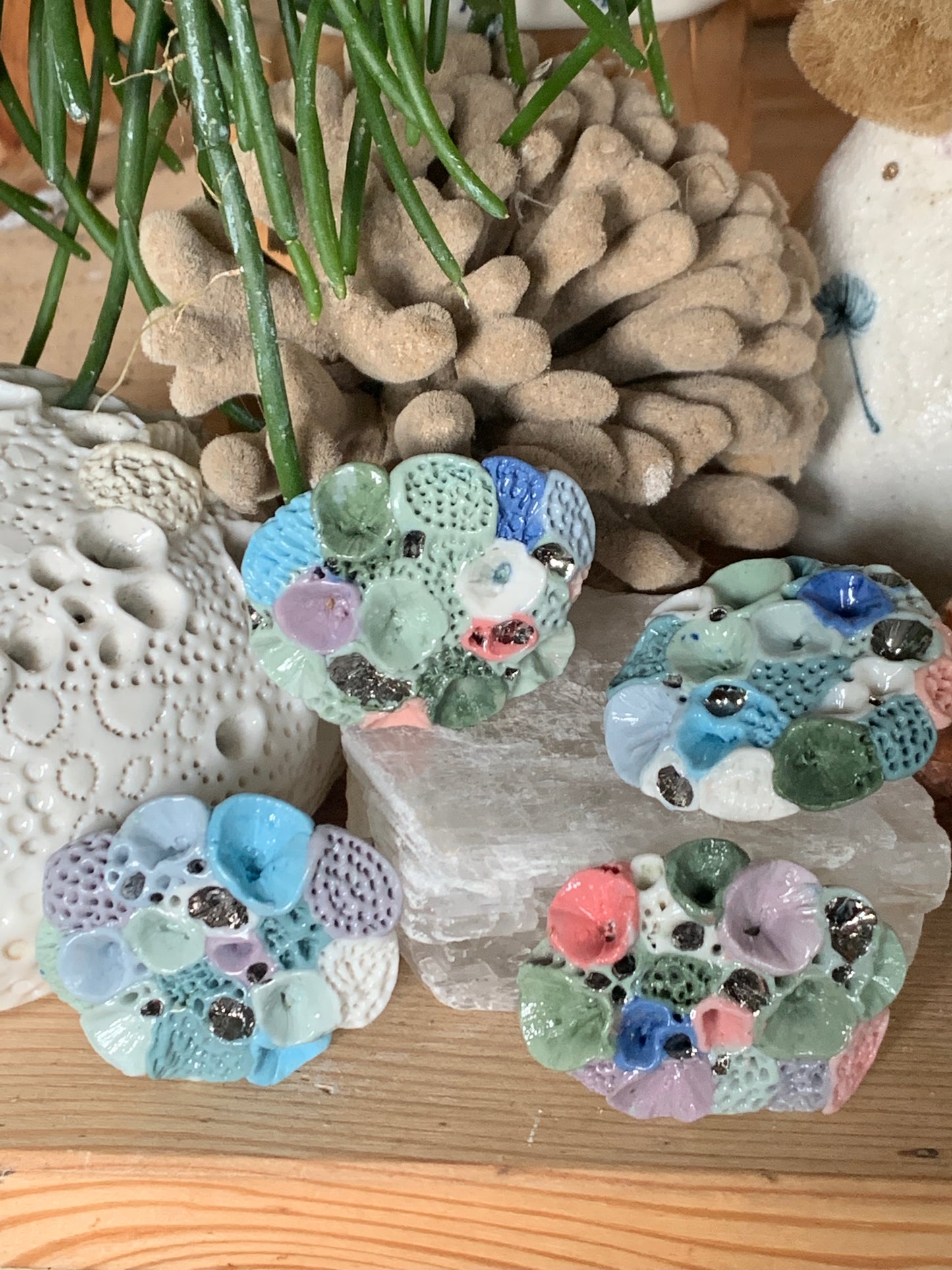 Green and lilac tones ‘Rock coral’ coloured porcelain brooch, choose one