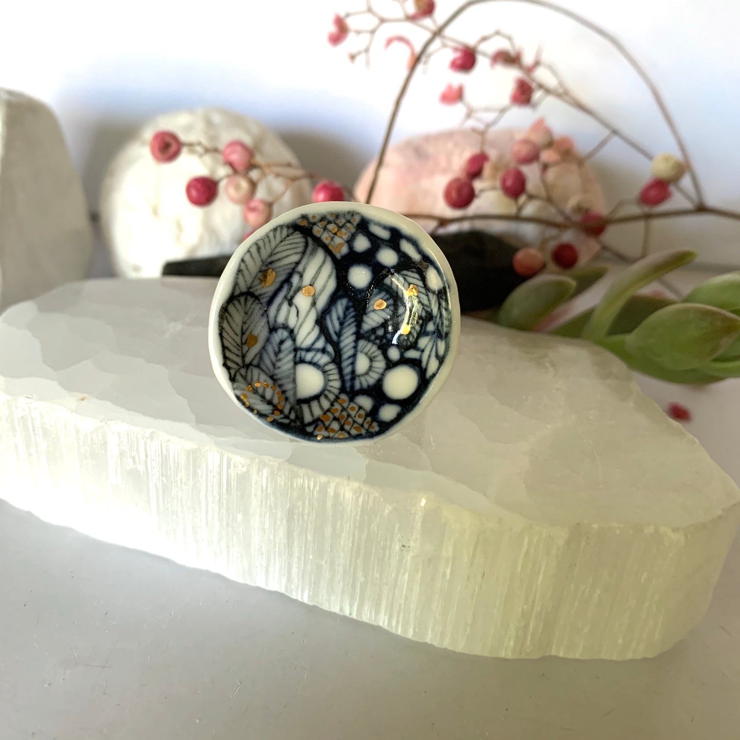 Blue hand painted ‘sea foam ’ porcelain ring