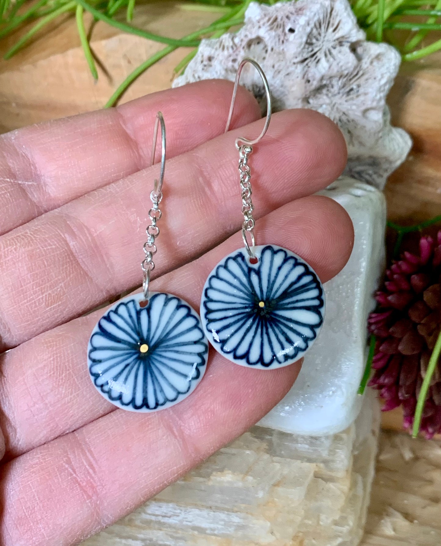 Porcelain ‘indigo flower’ chain earrings