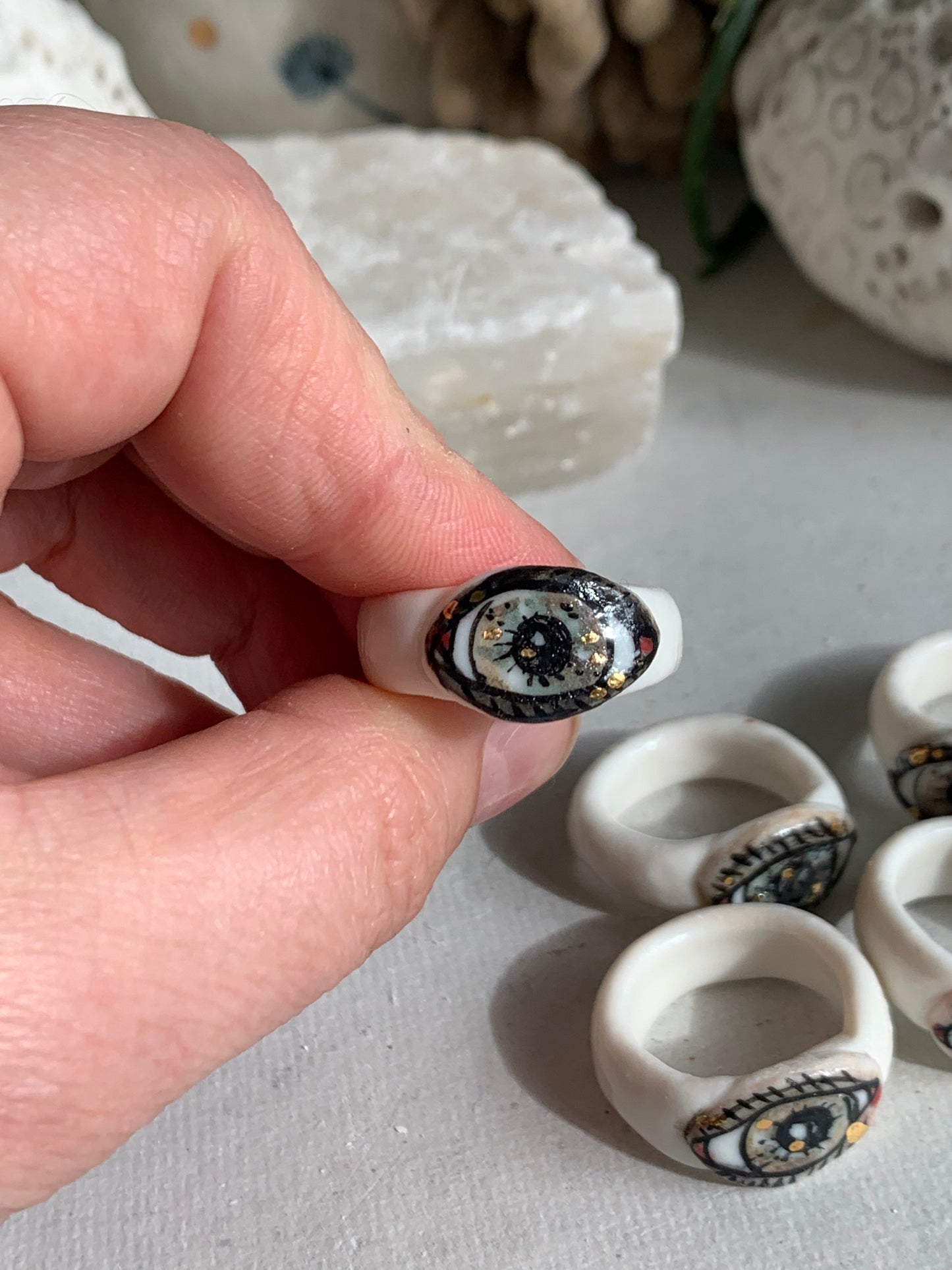 Hand painted porcelain ‘the protective eye’ ring, choose a size