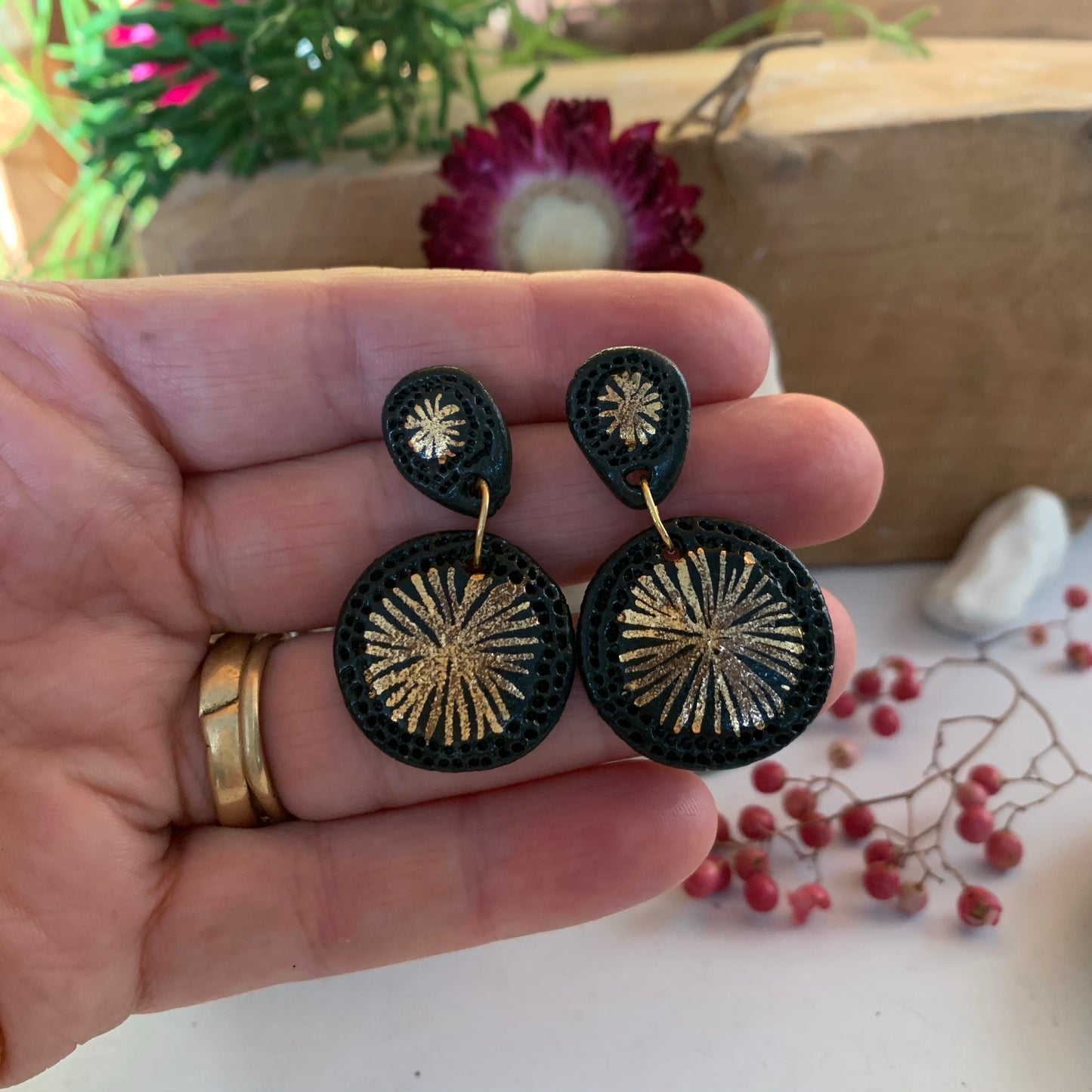 ‘Double star’ black and gold lustre Porcelain Earrings