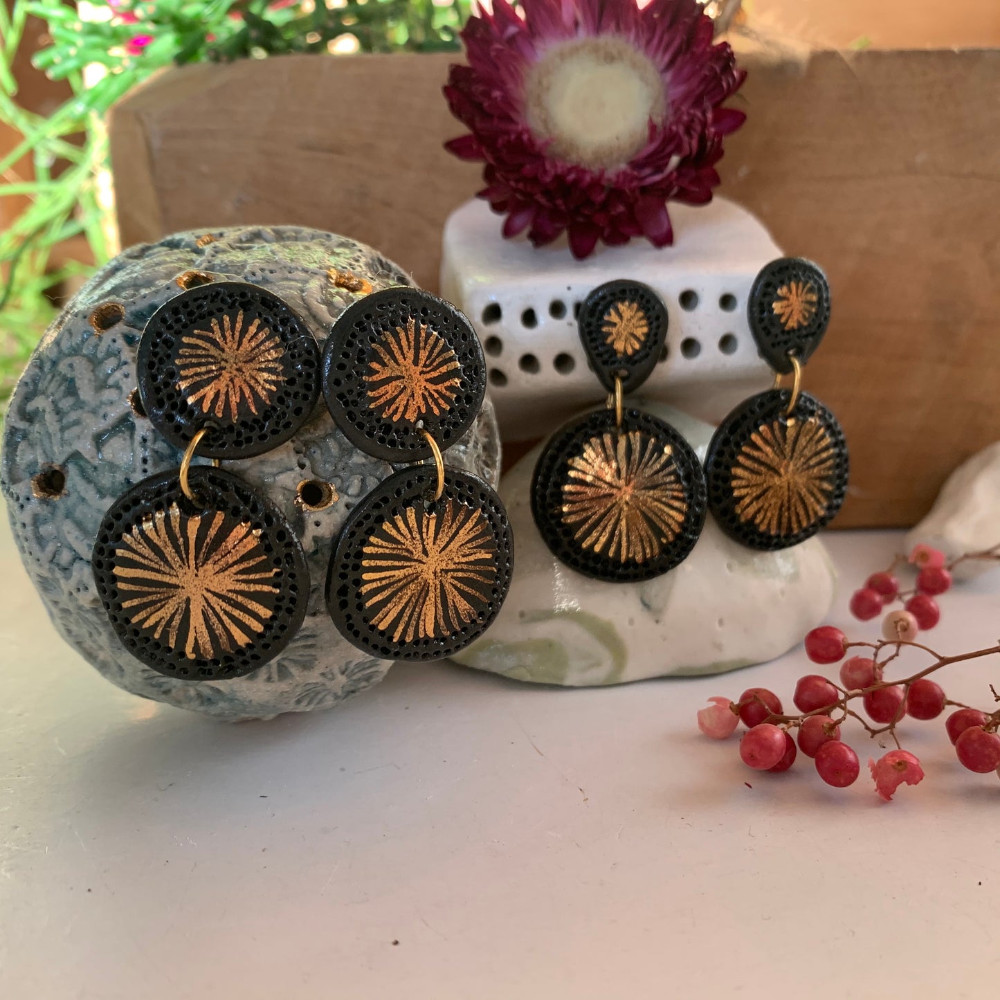 ‘Double star’ black and gold lustre Porcelain Earrings