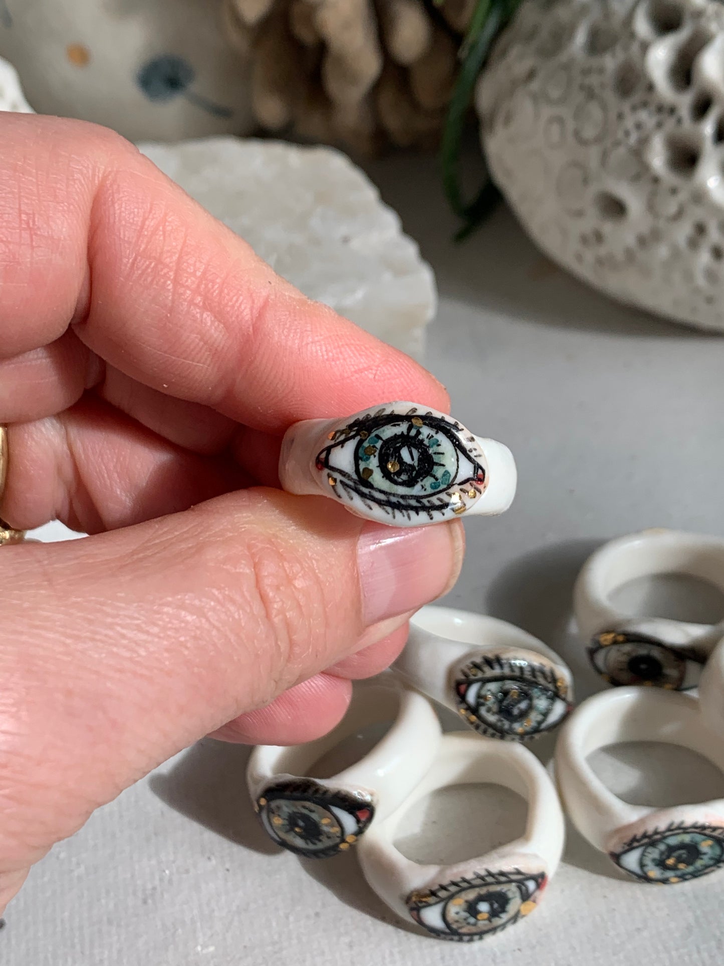 Hand painted porcelain ‘the protective eye’ ring, choose a size