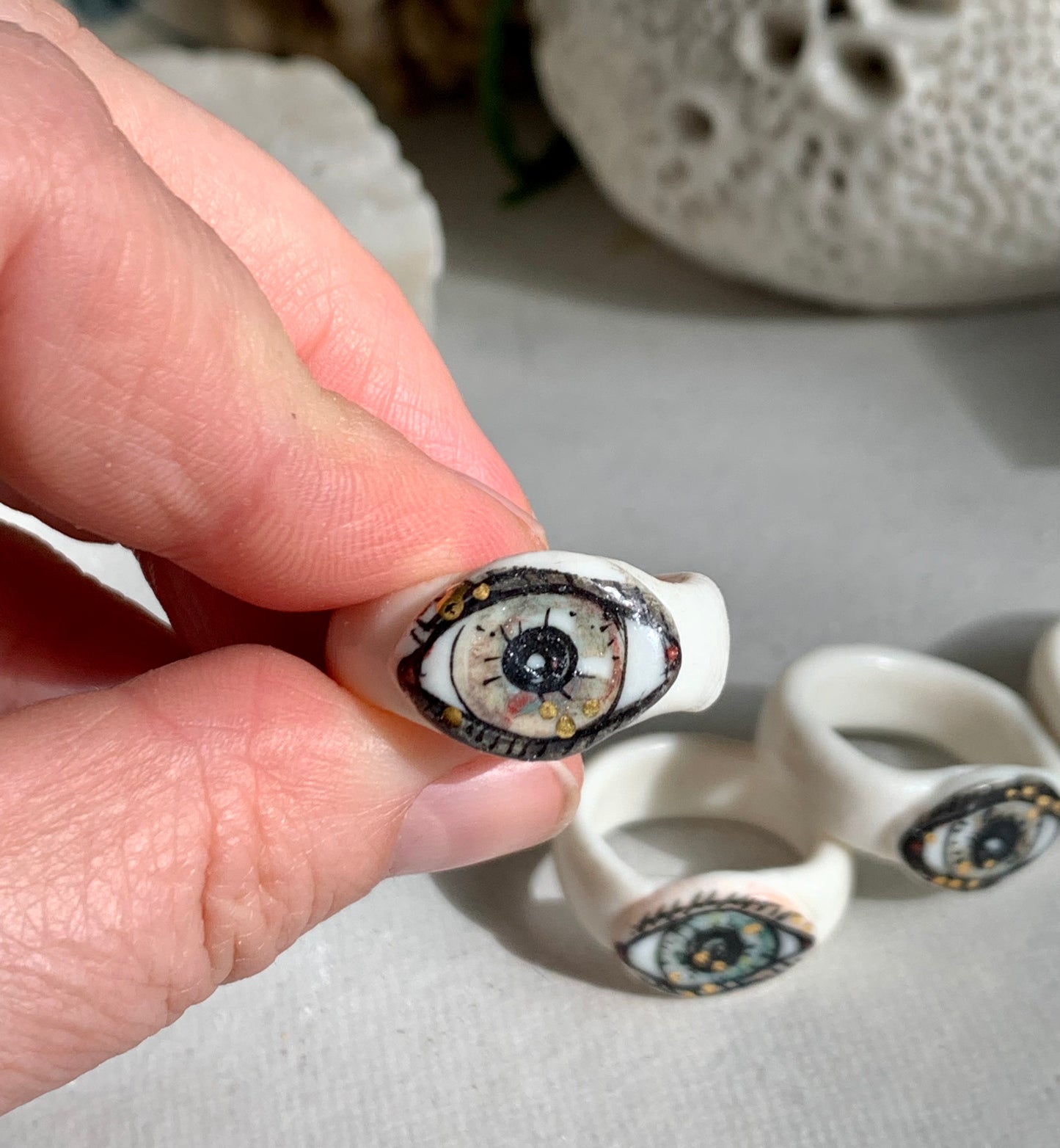 Hand painted porcelain ‘the protective eye’ ring, choose a size