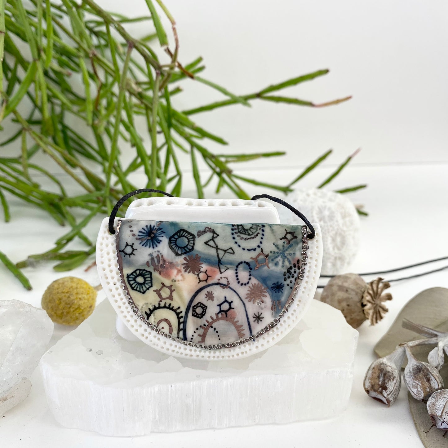 Hand Painted Crescent Porcelain Pendant