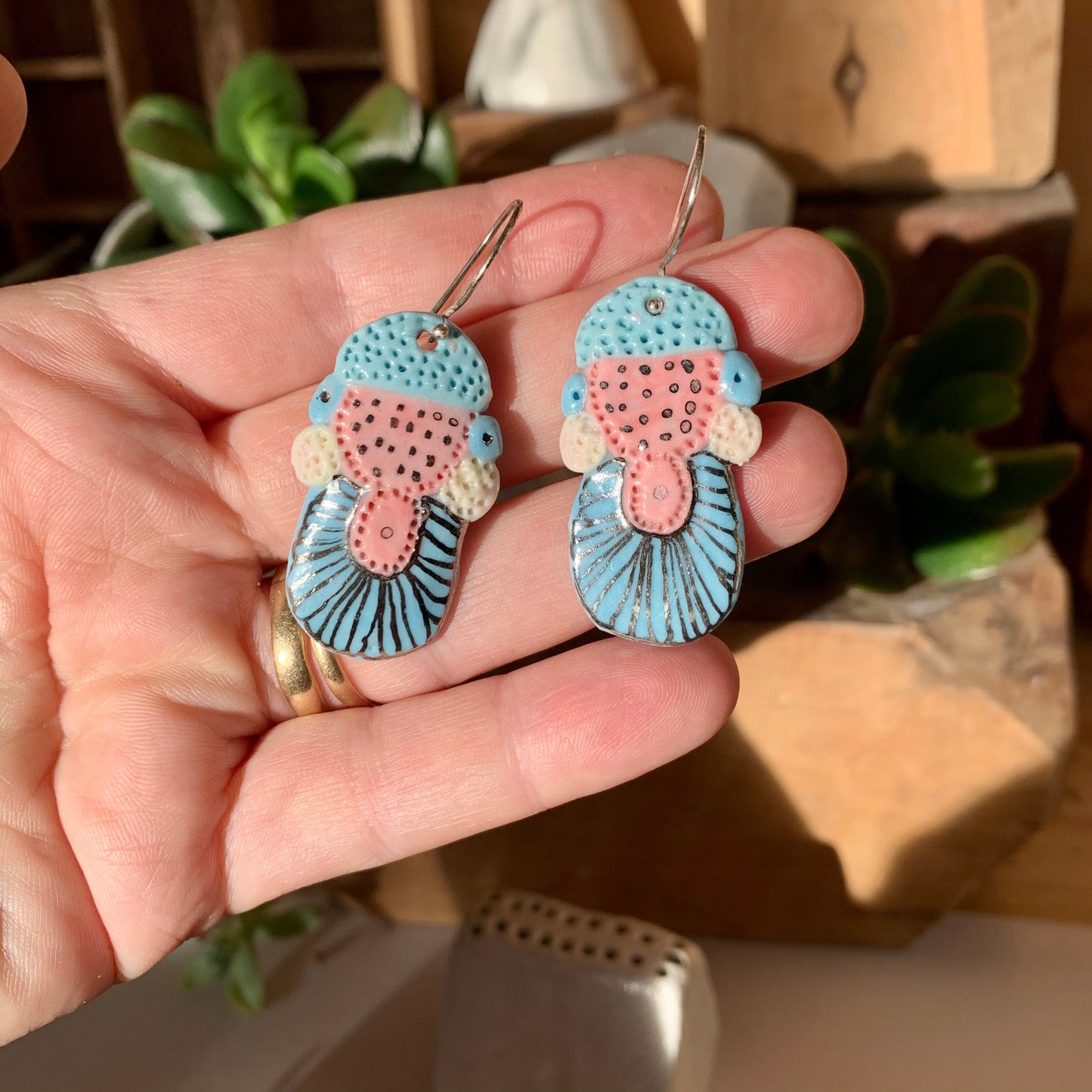 Blue, pink and silver porcelain earrings