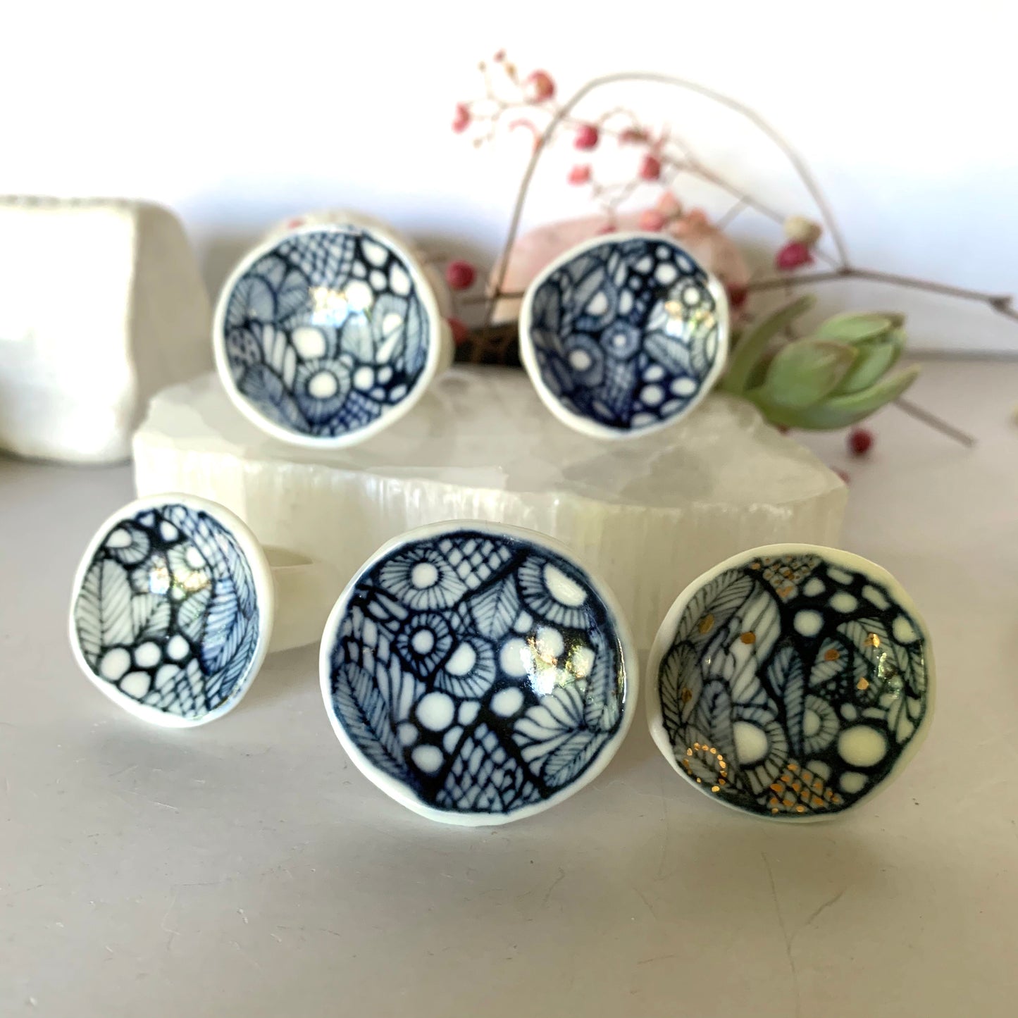 Blue hand painted ‘sea foam ’ porcelain ring