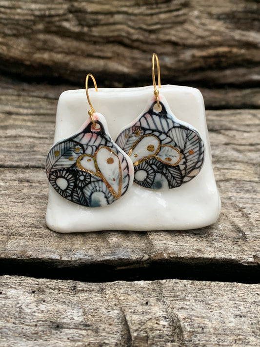 Porcelain hand painted earrings with gold detail