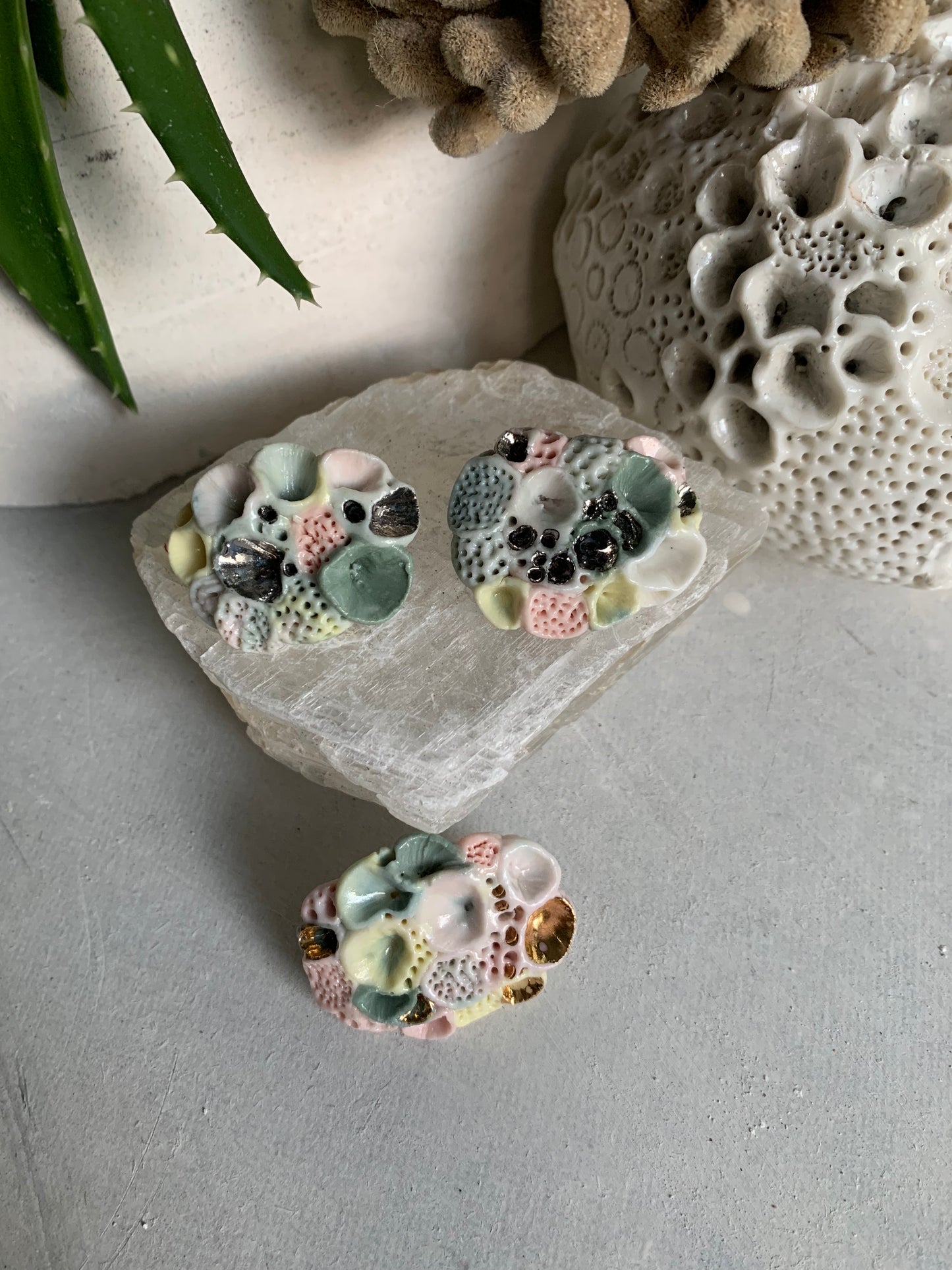 ’Rock coral’ coloured porcelain brooch, choose one