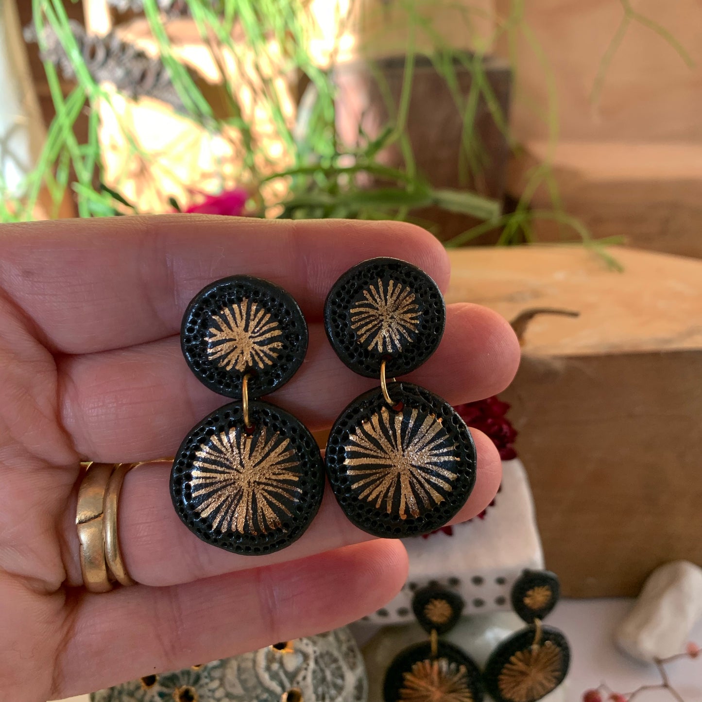 ‘Double star’ black and gold lustre Porcelain Earrings