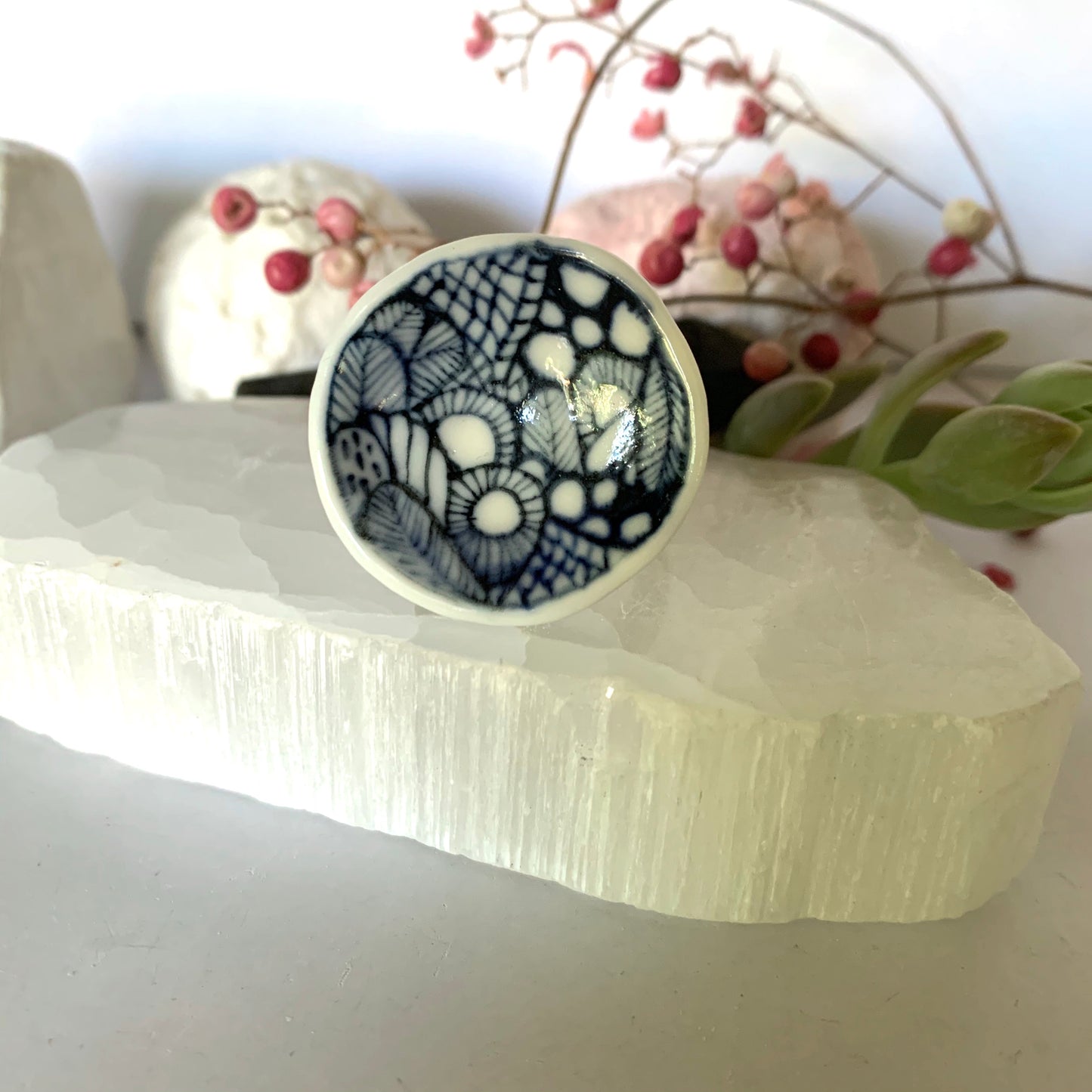 Blue hand painted ‘sea foam ’ porcelain ring