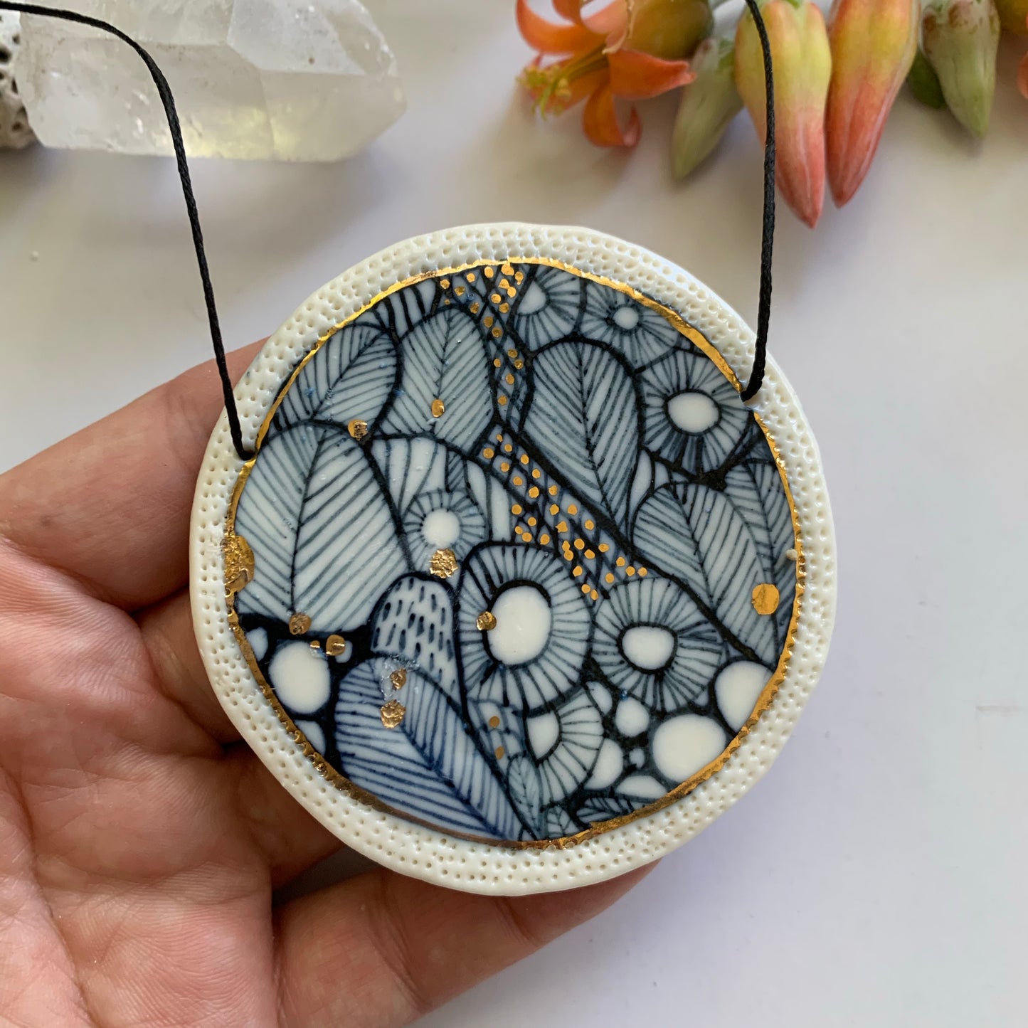 Indigo hand painted pendant with gold lustre detail